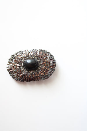 Vintage Black Stone & Sterling Silver Oval Brooch