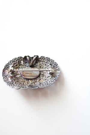 Vintage Black Stone & Sterling Silver Oval Brooch