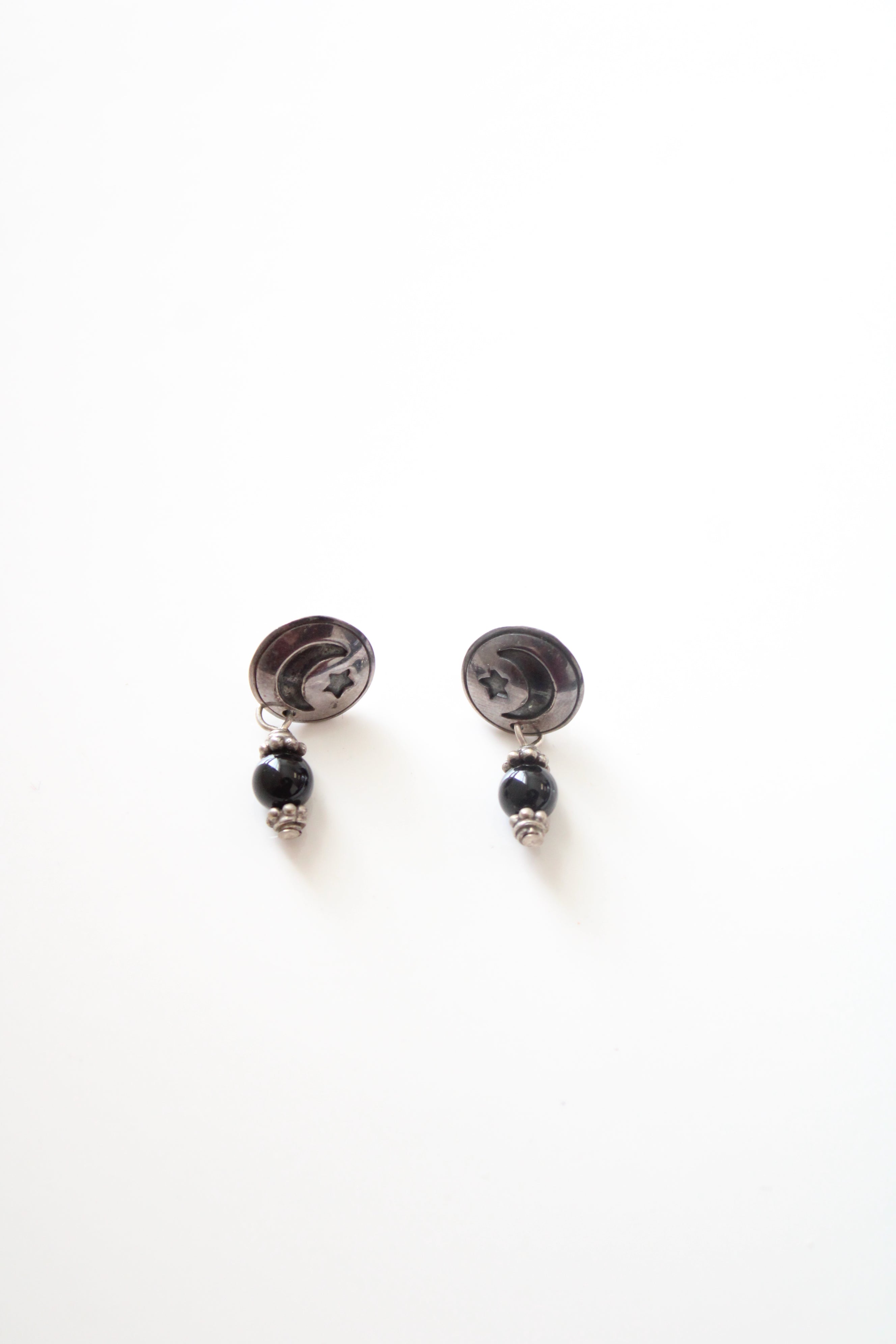 Moon & Star Black Beaded Sterling Silver Drop Earrings