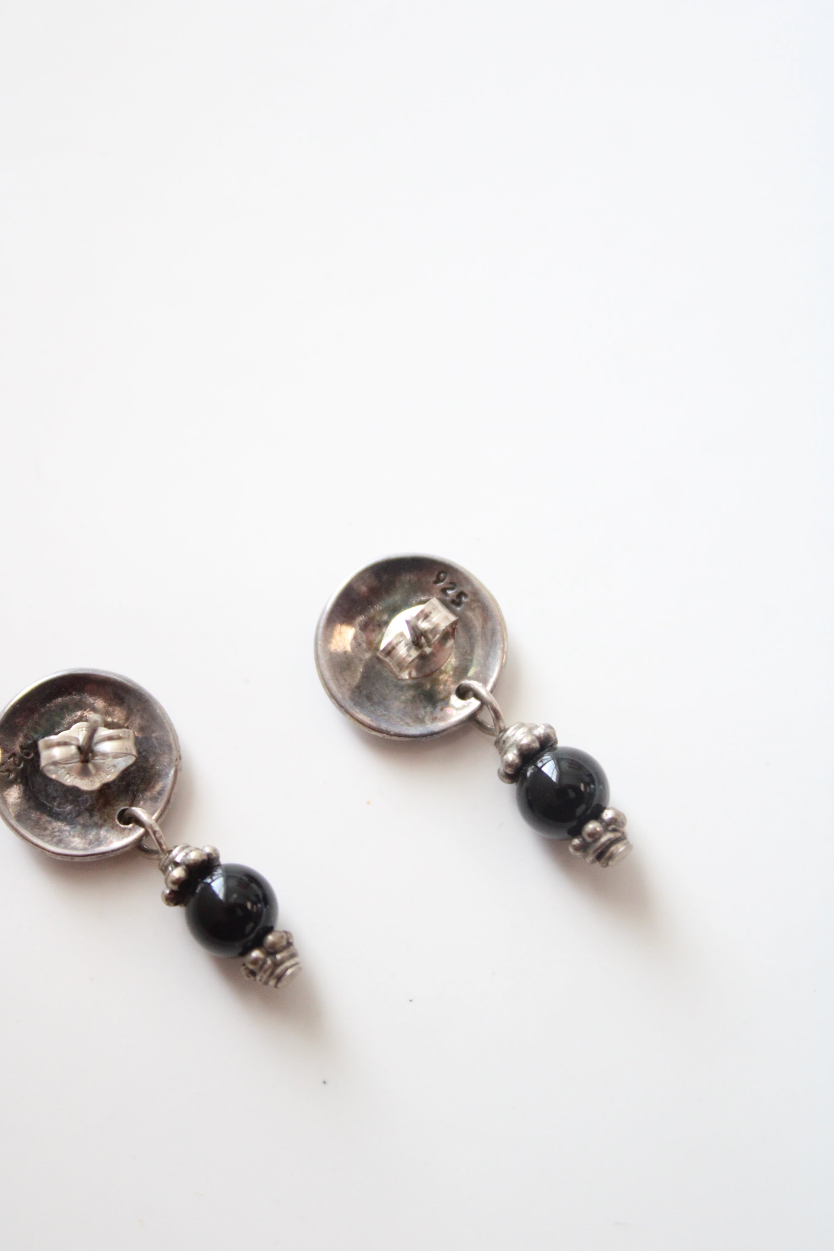 Moon & Star Black Beaded Sterling Silver Drop Earrings