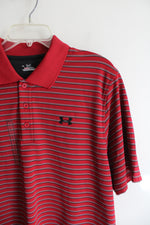 NEW Under Armour Heat Gear Red Black & Gray Striped Polo Shirt | L