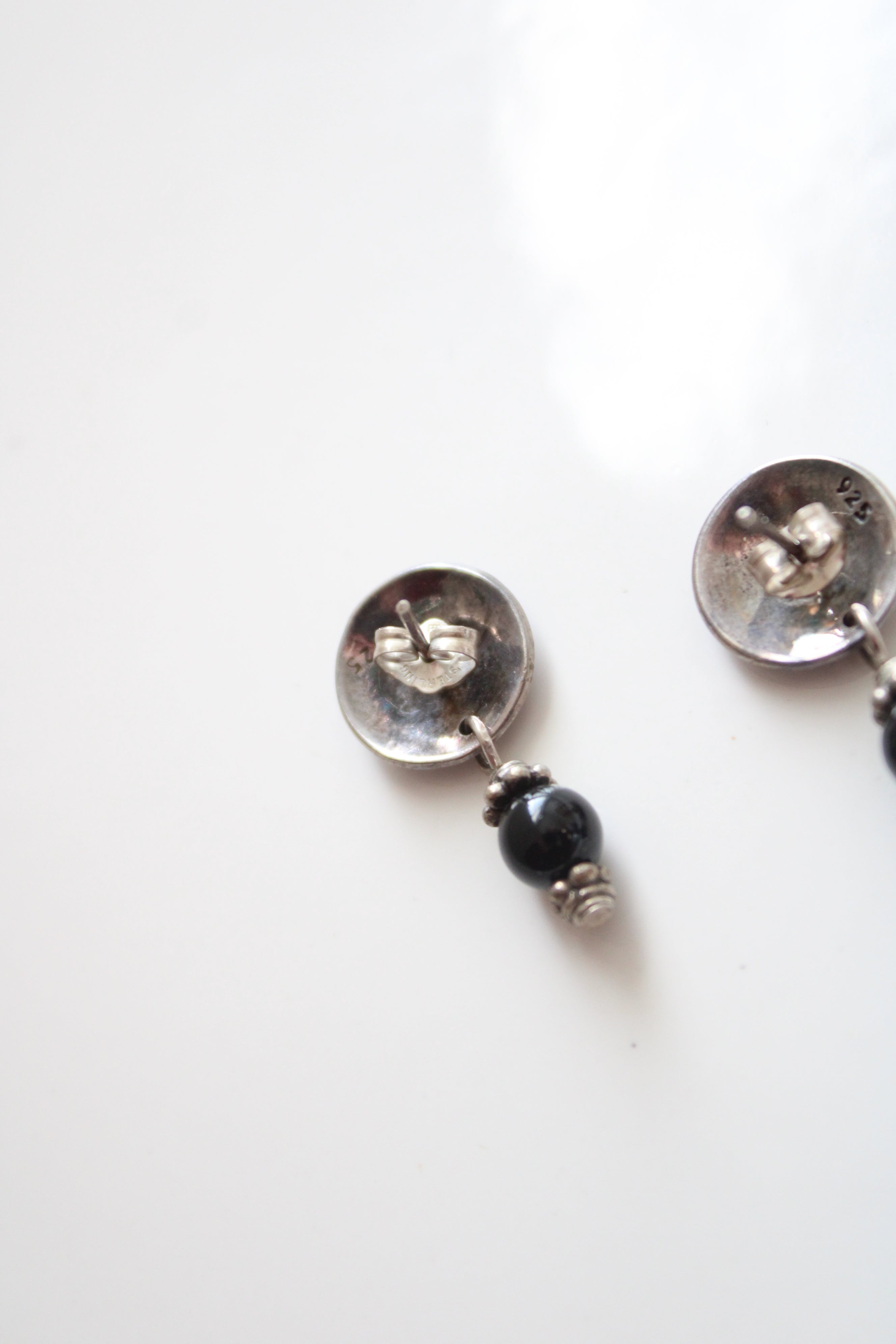 Moon & Star Black Beaded Sterling Silver Drop Earrings