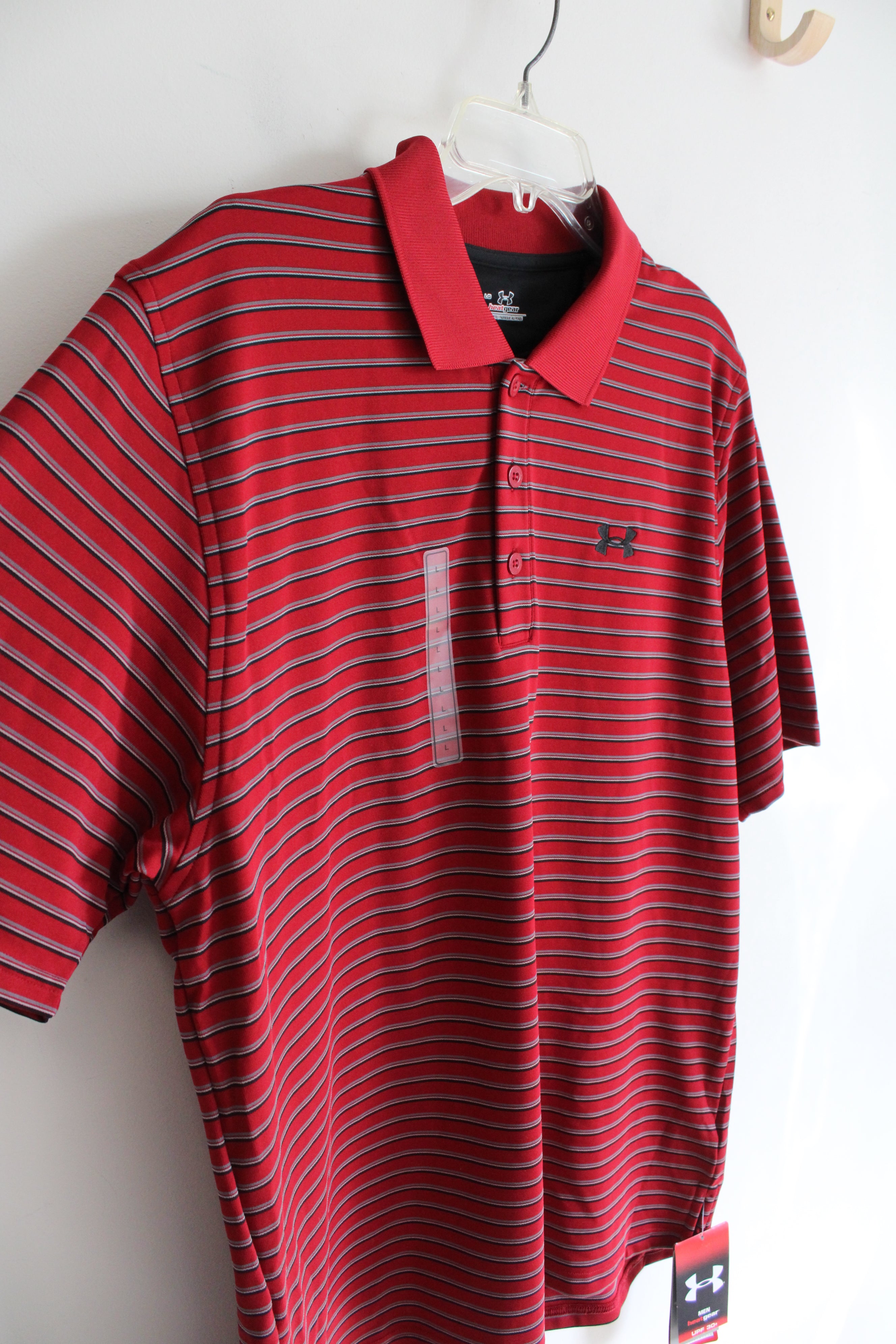 NEW Under Armour Heat Gear Red Black & Gray Striped Polo Shirt | L