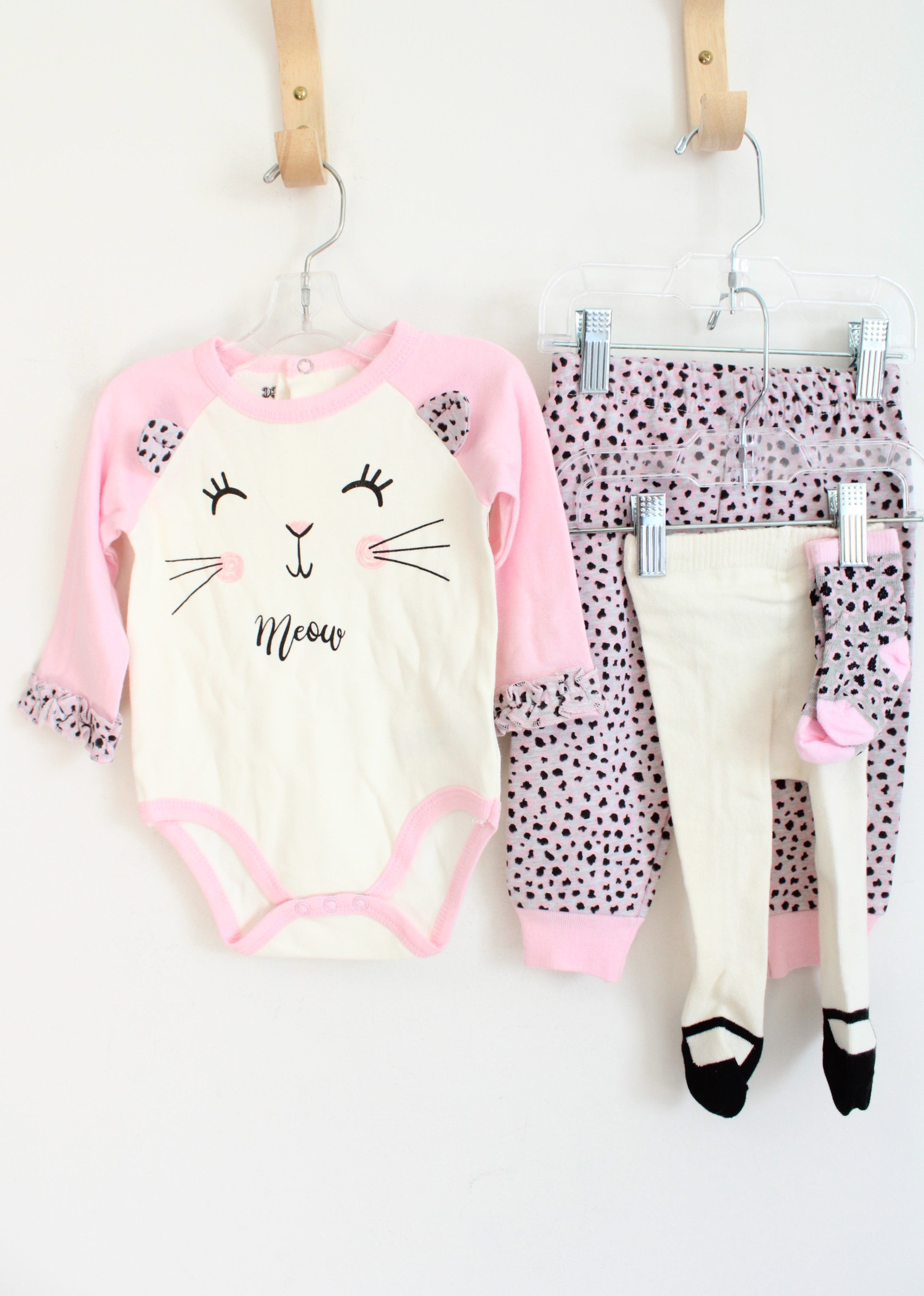 DDG Darlings Pink White & Black Cat Onesie Pants Tights & Socks 4-Piece Set | 3-6 MO