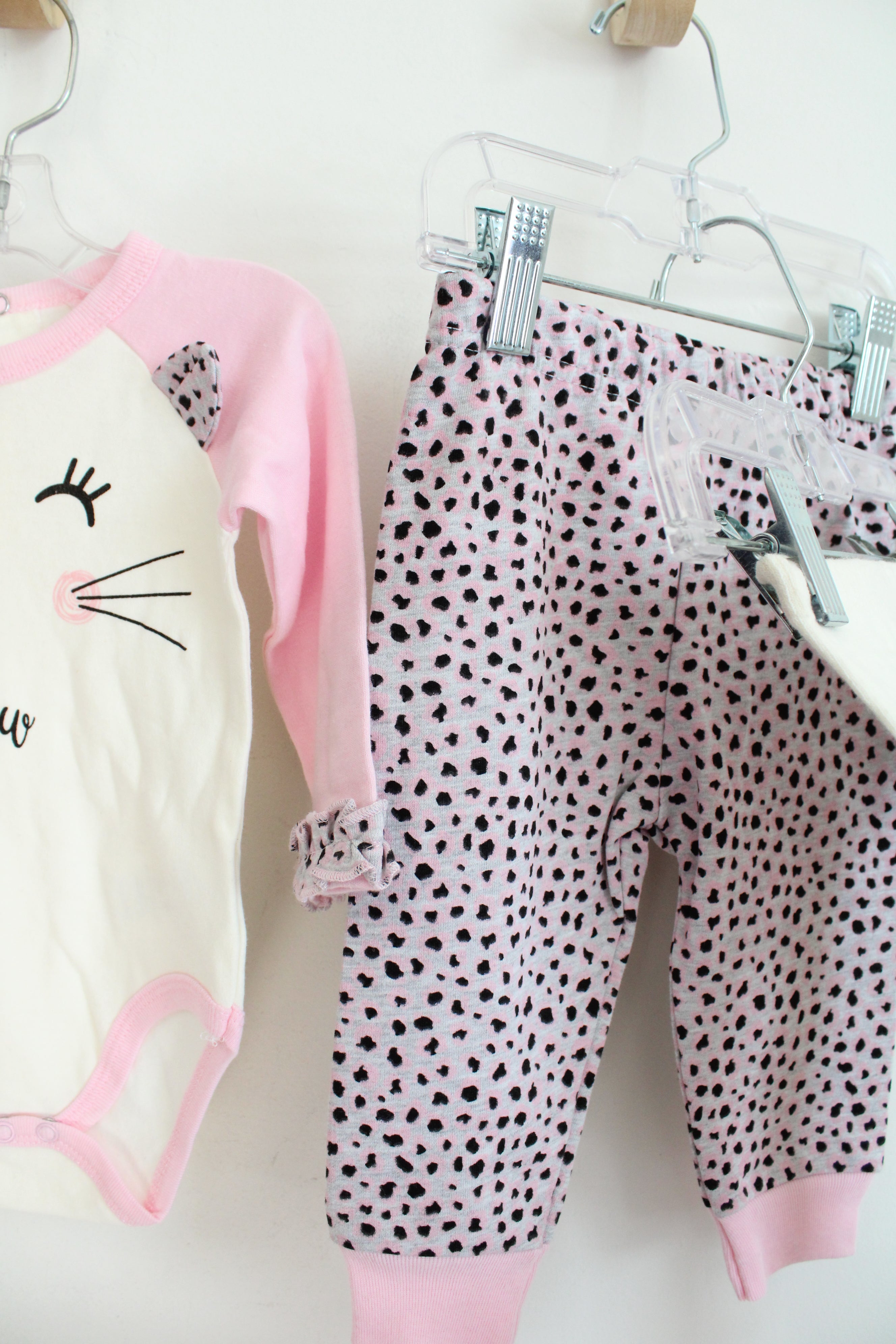 DDG Darlings Pink White & Black Cat Onesie Pants Tights & Socks 4-Piece Set | 3-6 MO