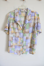 Alfred Dunner Purple Brown Green Square Patterned Button Down Top | 20W