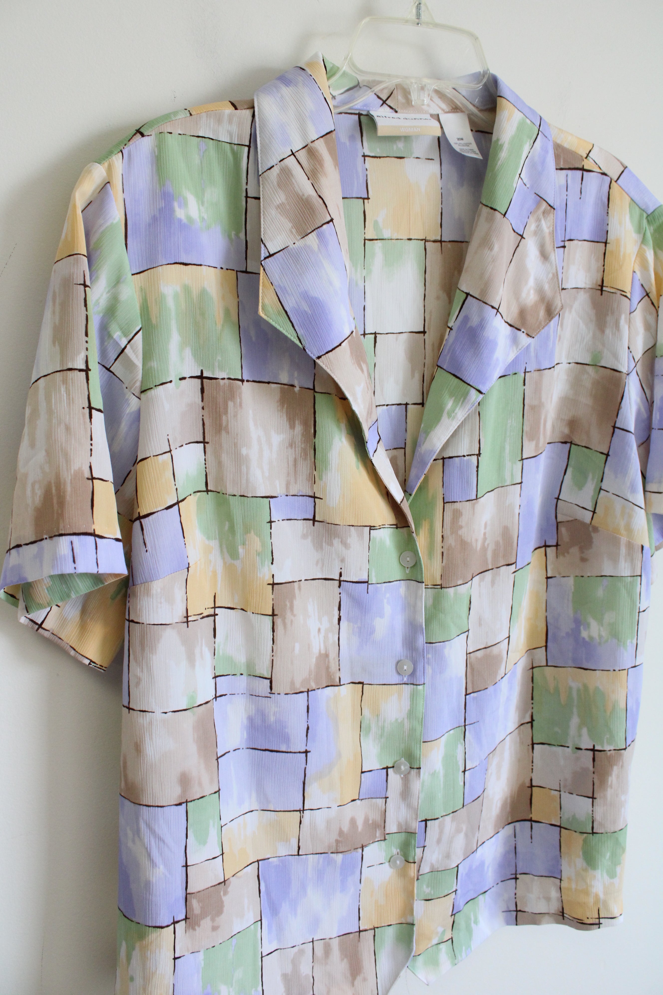 Alfred Dunner Purple Brown Green Square Patterned Button Down Top | 20W