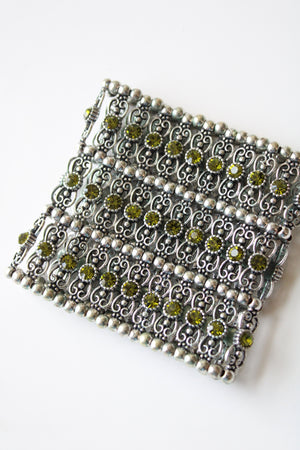 Multi-Layer Silver Green Rhinestone Stretch Bracelet