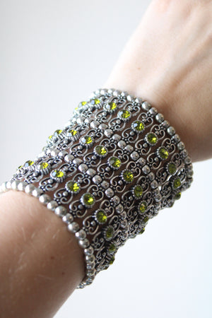 Multi-Layer Silver Green Rhinestone Stretch Bracelet