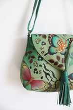 Anuschka Hand Painted Butterfly Green Leather Bag