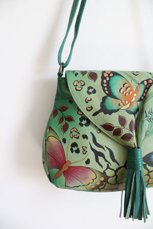 Anuschka Hand Painted Butterfly Green Leather Bag