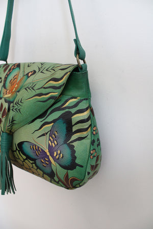 Anuschka Hand Painted Butterfly Green Leather Bag