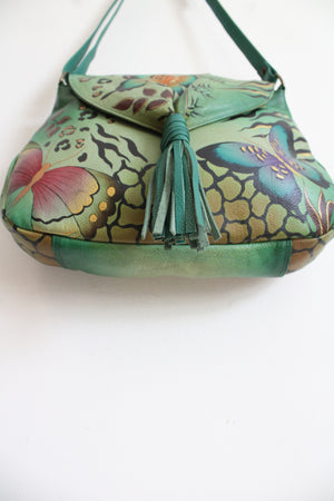 Anuschka Hand Painted Butterfly Green Leather Bag