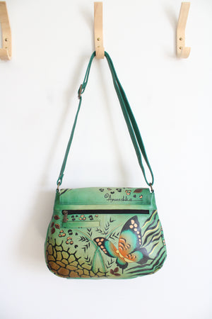 Anuschka Hand Painted Butterfly Green Leather Bag
