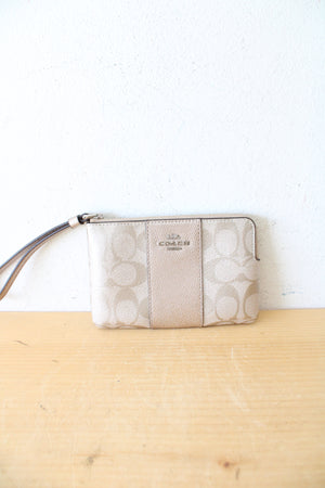 Coach Signature Jax Platinum Metallic Corner Zip Wristlet Wallet