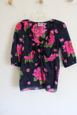 Juicy Couture Dark Navy Blue Pink Floral Ruffle Top | 0