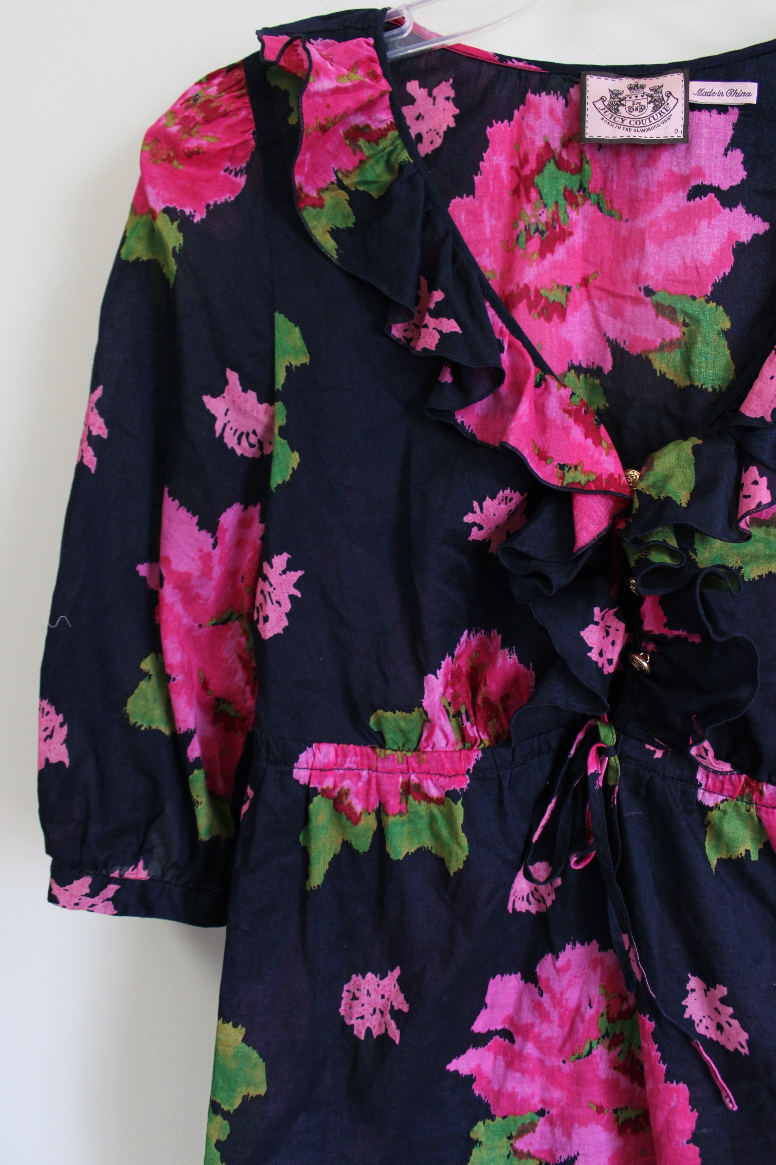 Juicy Couture Dark Navy Blue Pink Floral Ruffle Top | 0