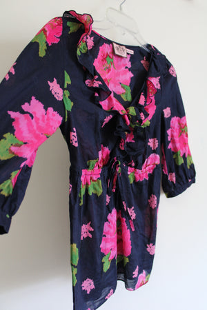 Juicy Couture Dark Navy Blue Pink Floral Ruffle Top | 0