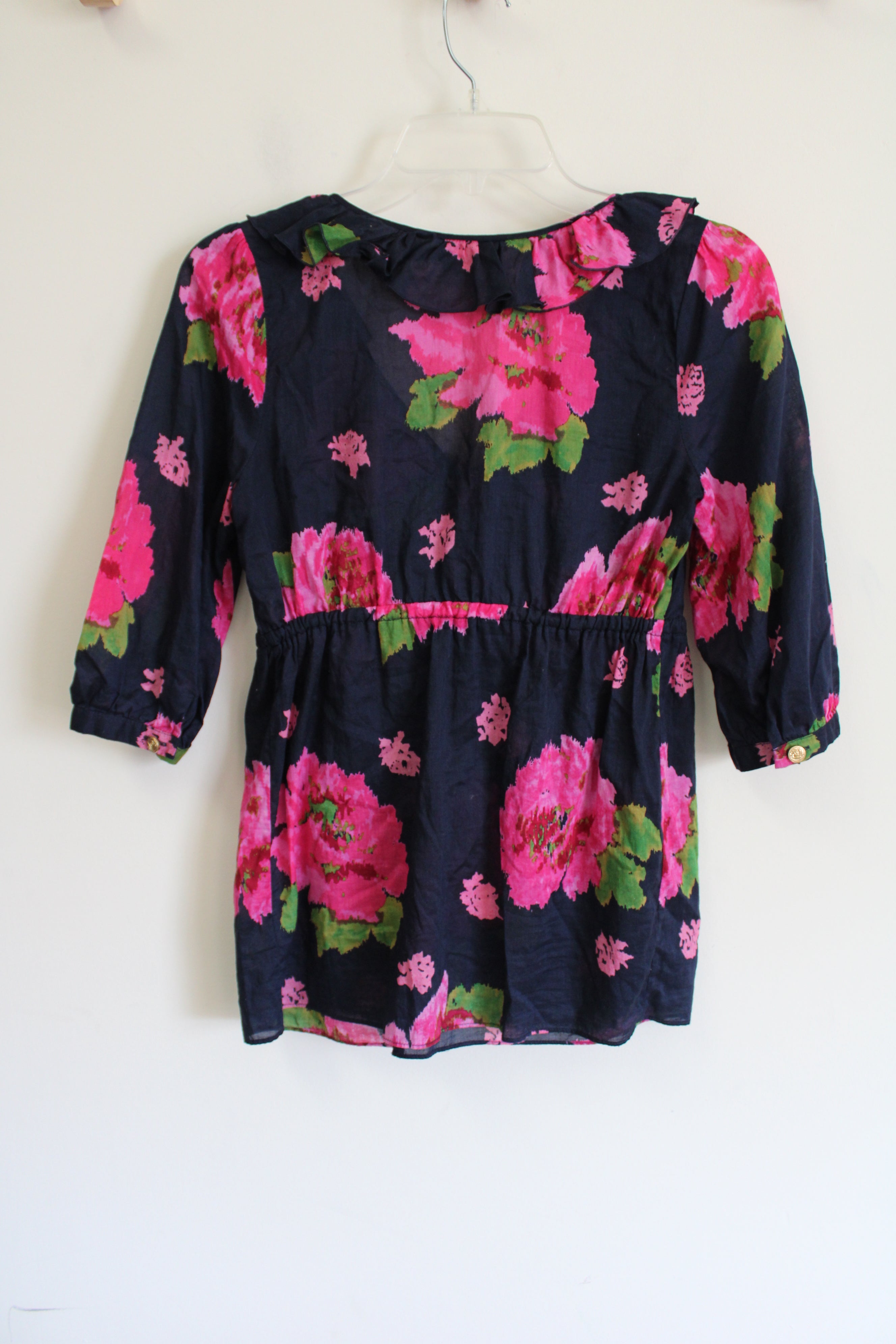 Juicy Couture Dark Navy Blue Pink Floral Ruffle Top | 0