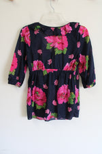 Juicy Couture Dark Navy Blue Pink Floral Ruffle Top | 0