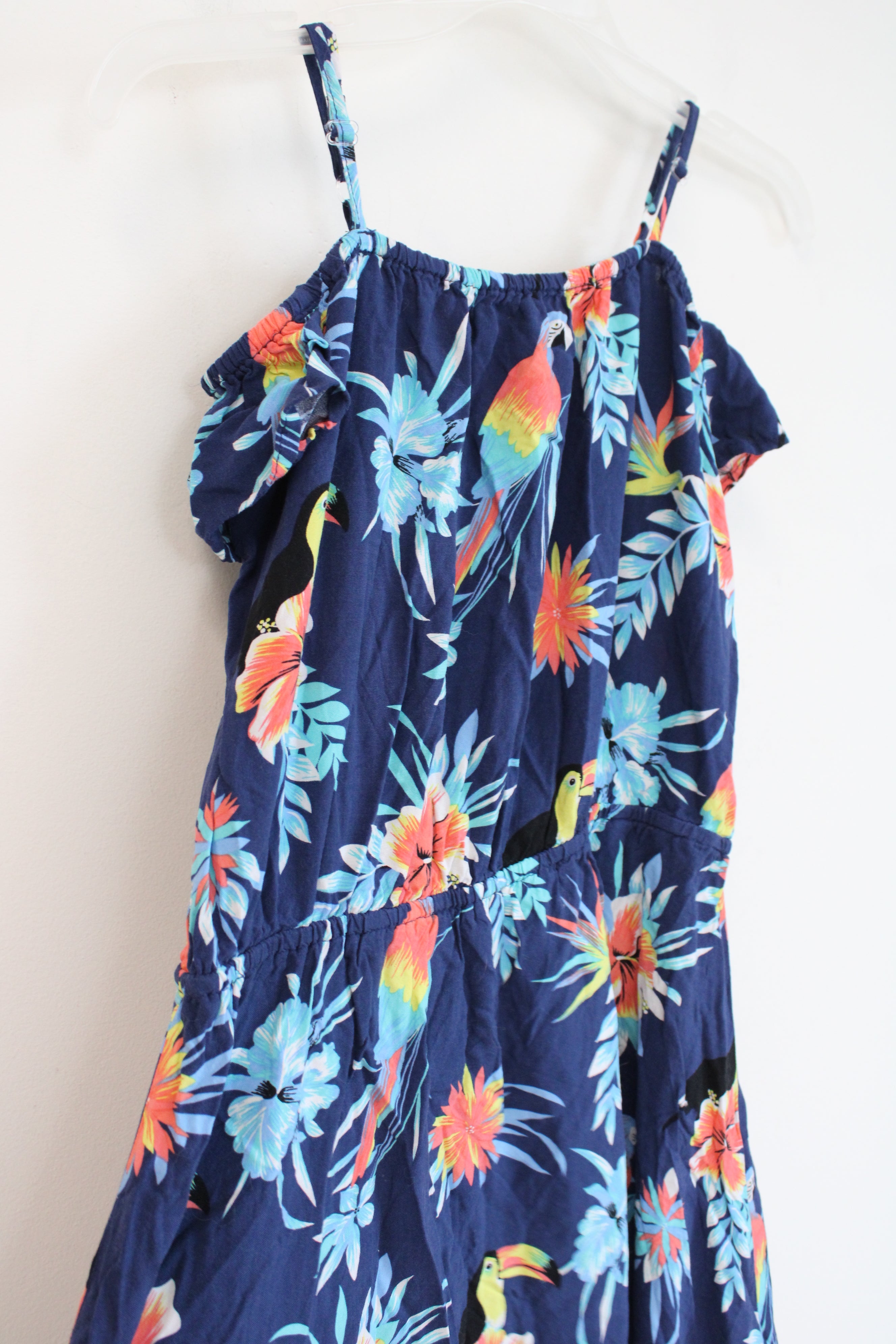 Children's Place Toucan & Parakeet Floral Navy Cold Shoulder Dress | Youth 16 (XXL)