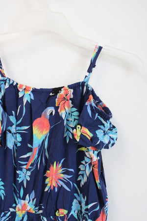 Children's Place Toucan & Parakeet Floral Navy Cold Shoulder Dress | Youth 16 (XXL)