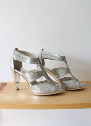 MICHAEL Michael Kors Berkley T-Strap Metallic Silver Heels | Size 9M
