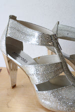 MICHAEL Michael Kors Berkley T-Strap Metallic Silver Heels | Size 9M