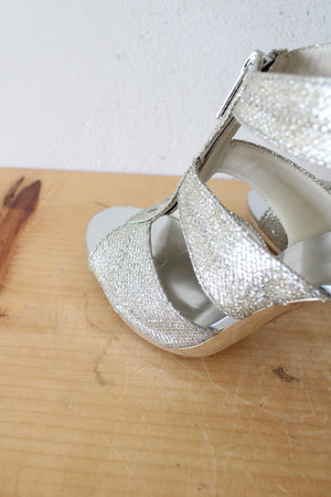 MICHAEL Michael Kors Berkley T-Strap Metallic Silver Heels | Size 9M