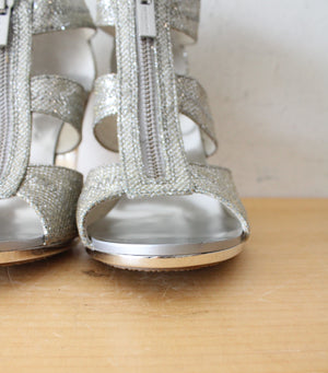 MICHAEL Michael Kors Berkley T-Strap Metallic Silver Heels | Size 9M