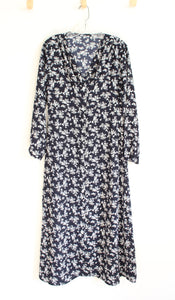 Navy & White Floral Long Sleeved Button Down Dress | M