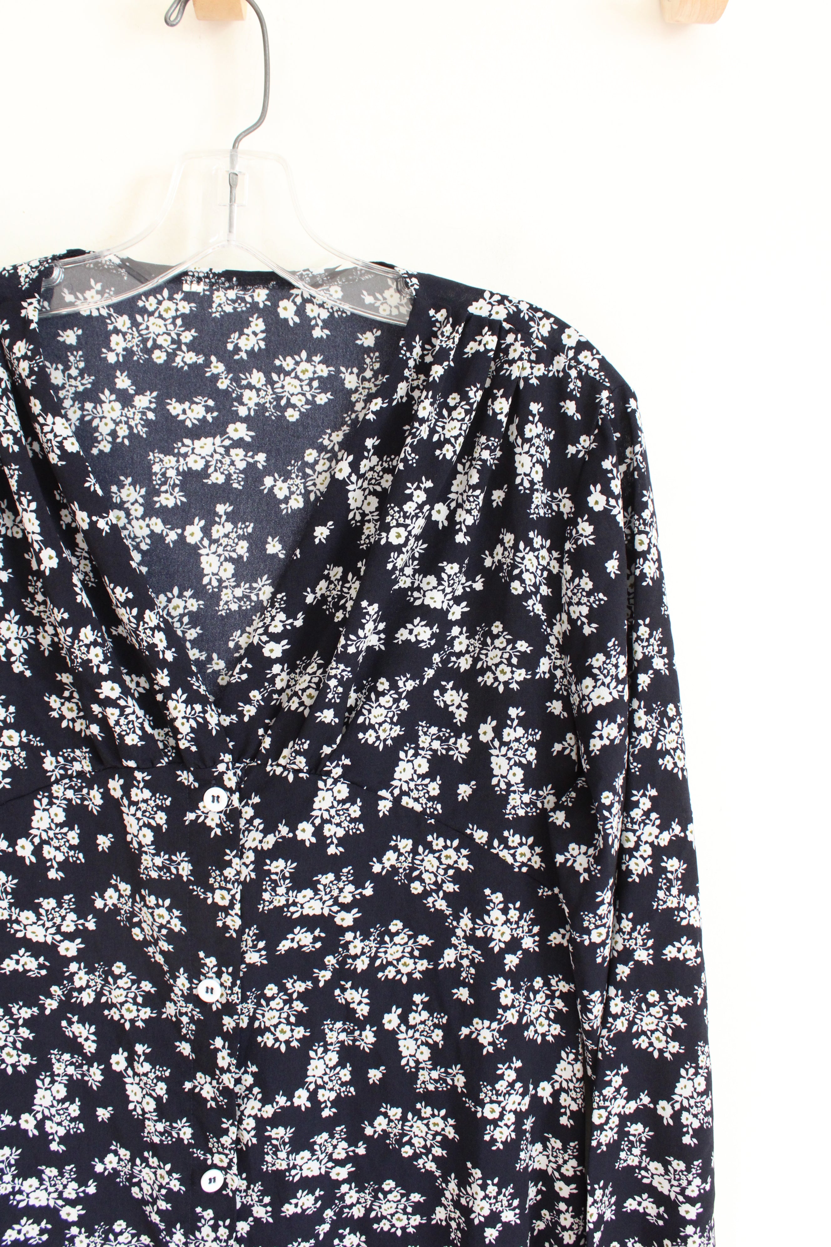 Navy & White Floral Long Sleeved Button Down Dress | M