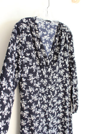 Navy & White Floral Long Sleeved Button Down Dress | M