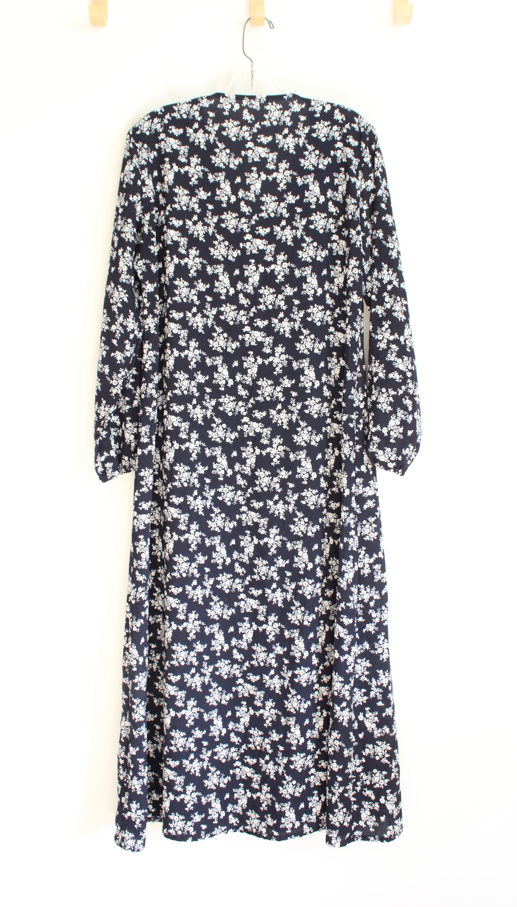 Navy & White Floral Long Sleeved Button Down Dress | M