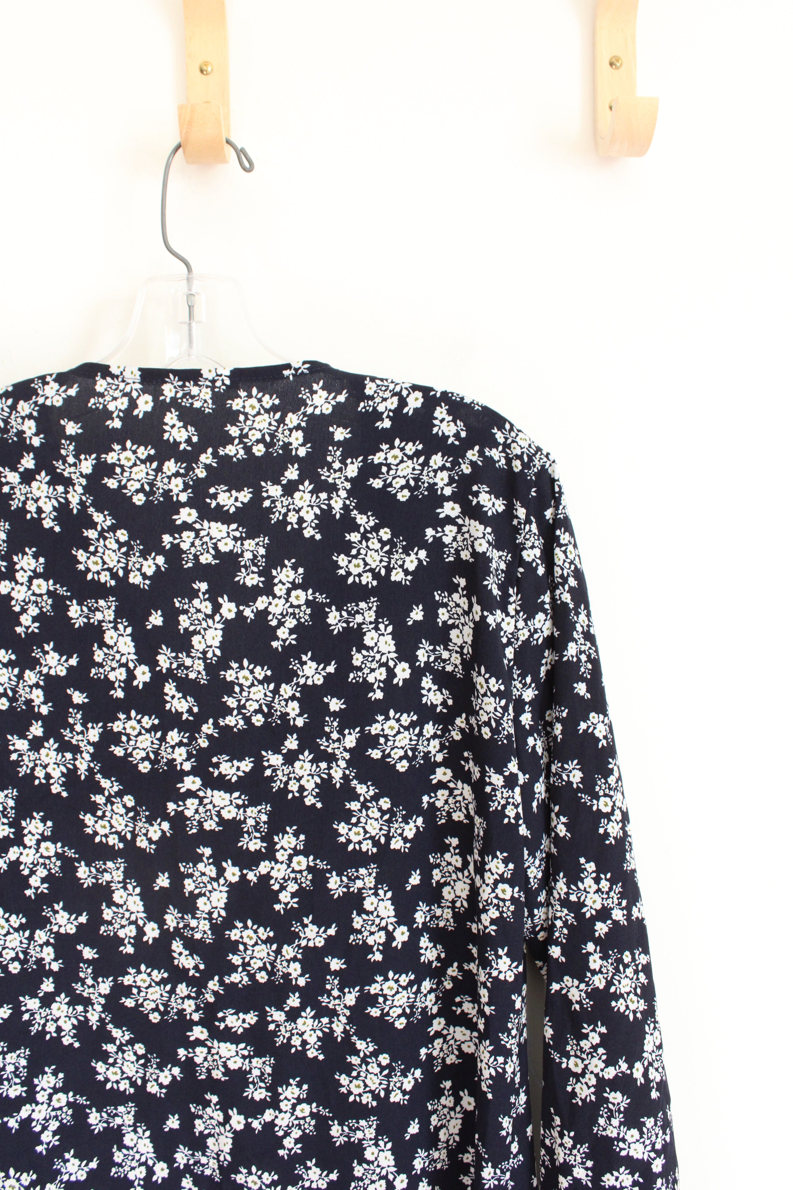 Navy & White Floral Long Sleeved Button Down Dress | M