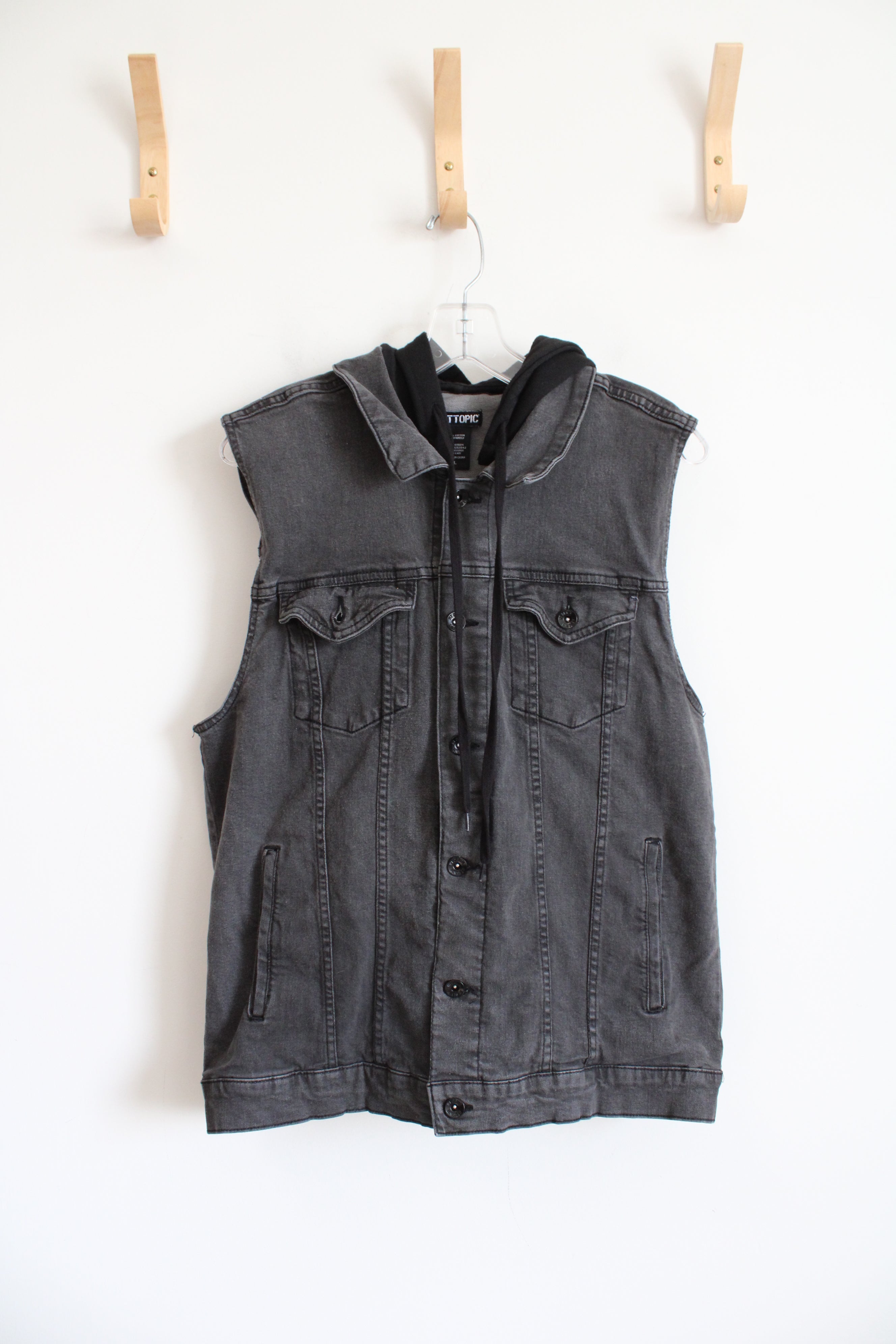 Hot Topic Black Denim Hooded Vest | L