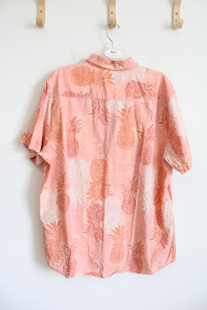 Oliver & Burke Peach Pink Pineapple Patterned Button Down Short Sleeved Shirt | XXL