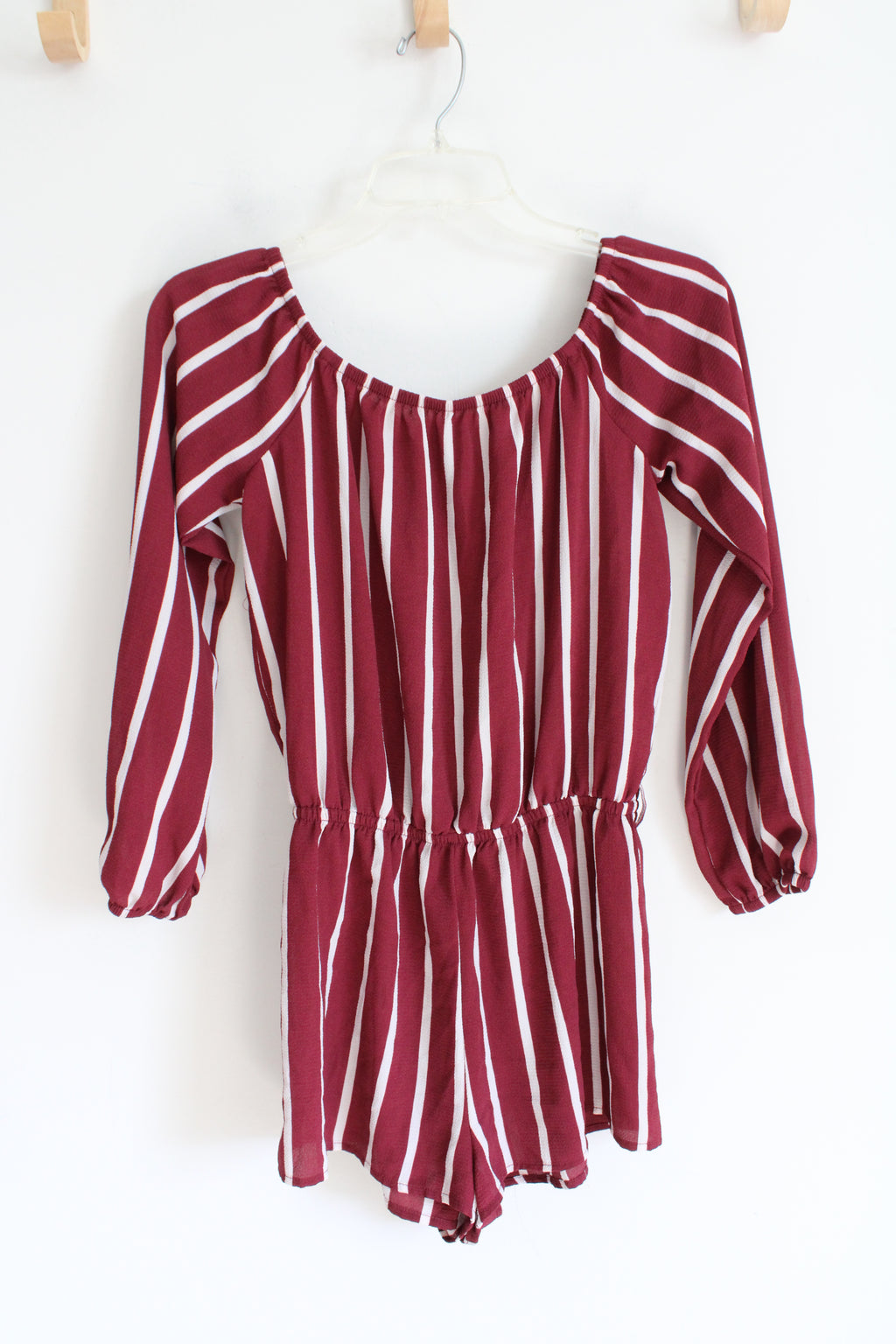 Forever 21 Maroon & White Striped Long Sleeved Romper | M