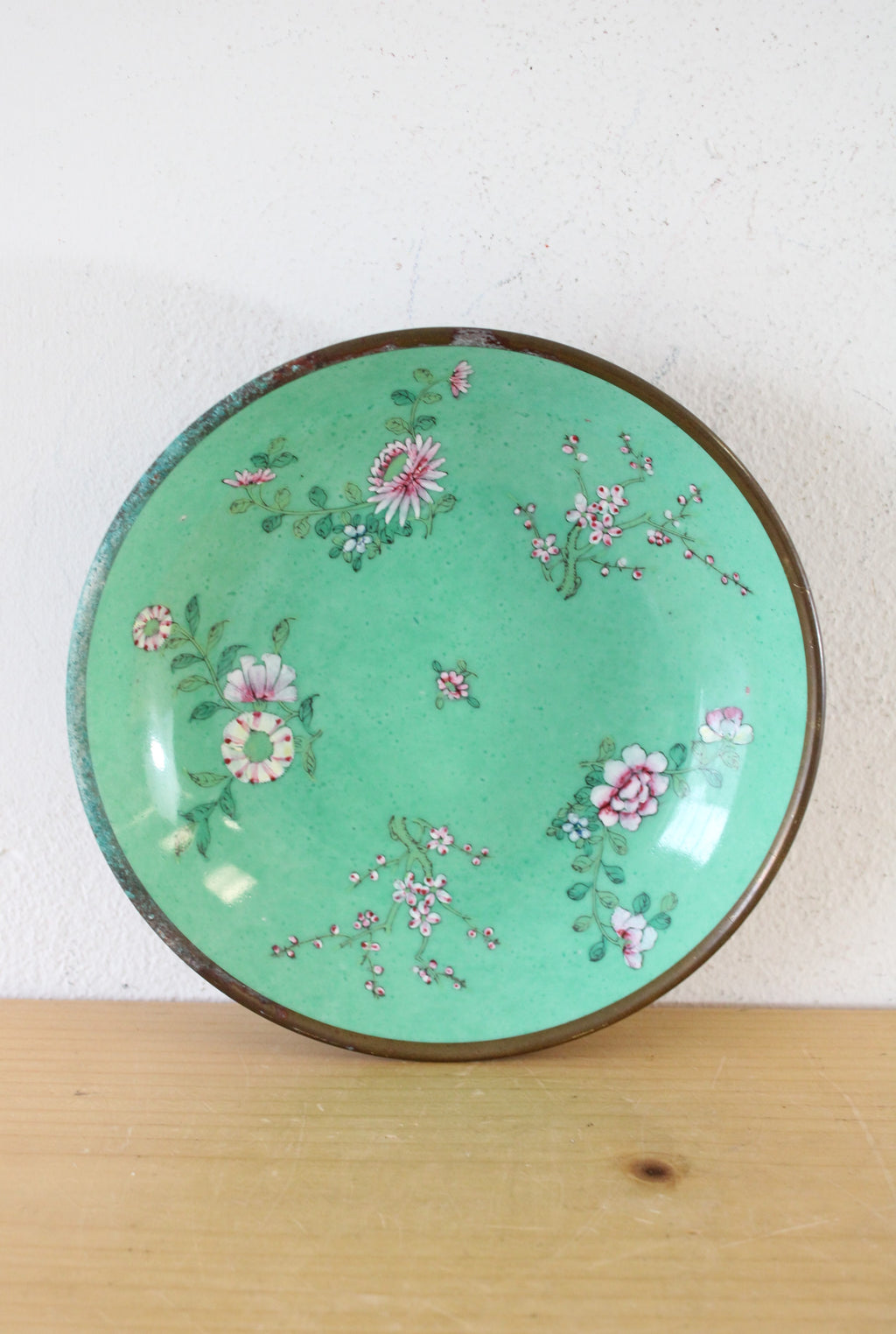 Vintage Hand Made Chinese Brass Encased Floral Decorative Plate