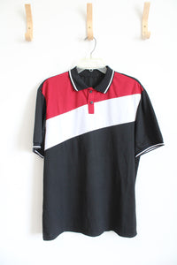 Shein Black Red & White Diagonal Striped Polo Shirt | M