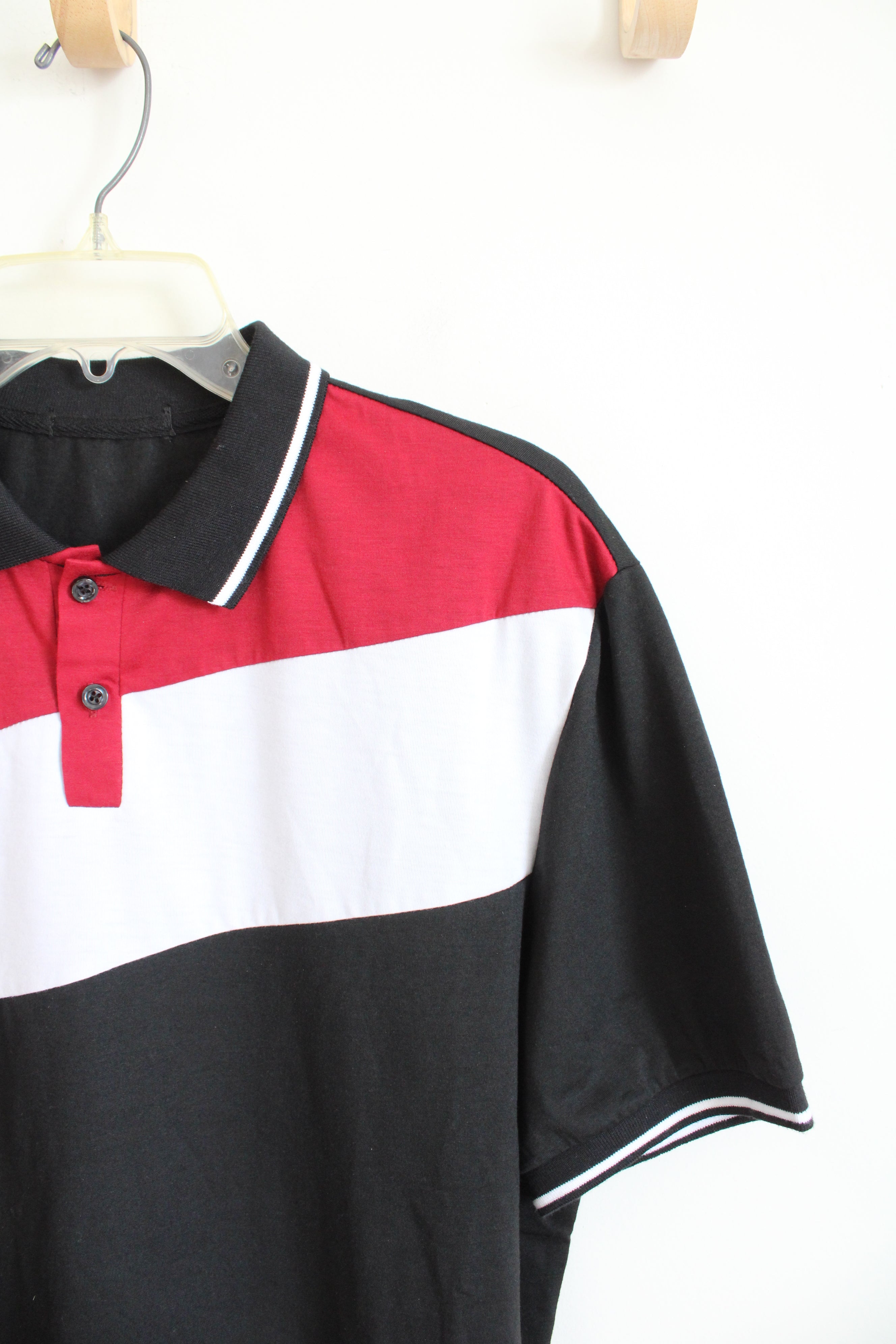 Shein Black Red & White Diagonal Striped Polo Shirt | M