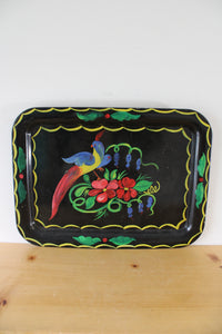 Hand Painted Floral Bird Black Metal Platter