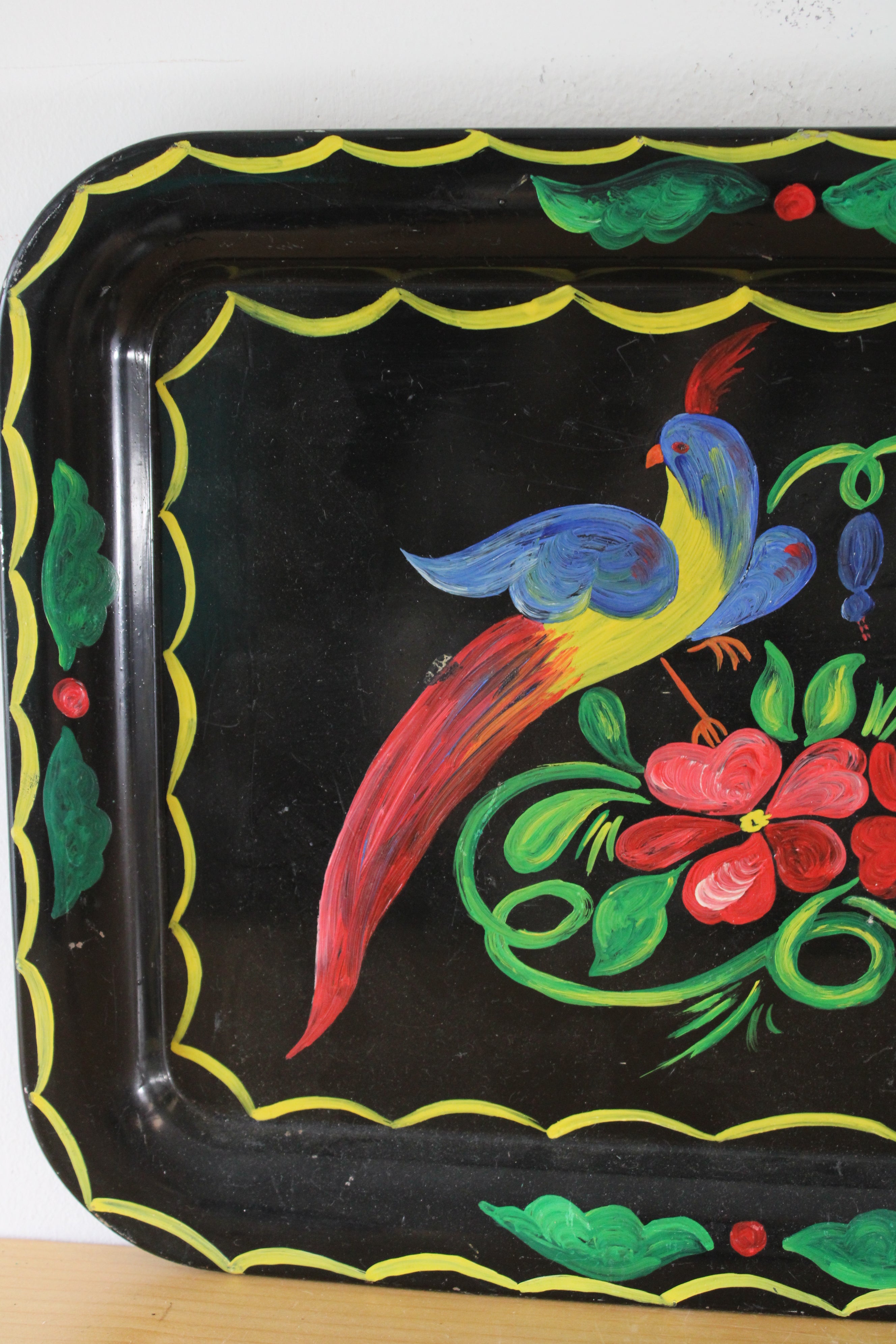 Hand Painted Floral Bird Black Metal Platter