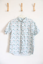 Retro Fit Flamingo & Pineapple Patterned Blue Button Down Shirt | L