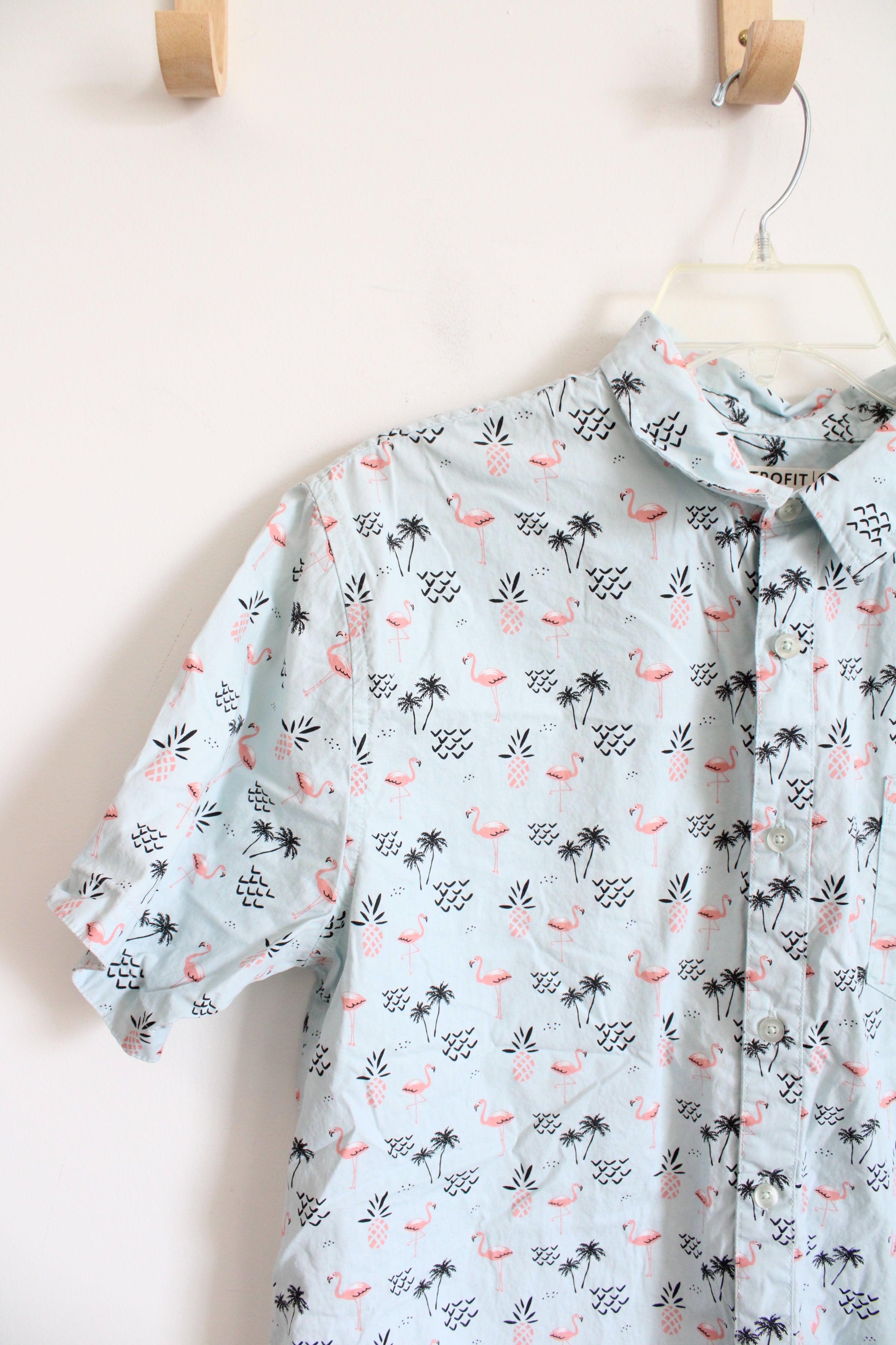 Retro Fit Flamingo & Pineapple Patterned Blue Button Down Shirt | L