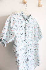 Retro Fit Flamingo & Pineapple Patterned Blue Button Down Shirt | L