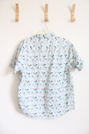 Retro Fit Flamingo & Pineapple Patterned Blue Button Down Shirt | L