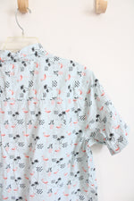 Retro Fit Flamingo & Pineapple Patterned Blue Button Down Shirt | L