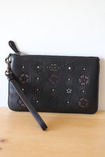 Coach Smooth Black Leather Tea Rose Wristlet Wallet