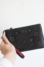 Coach Smooth Black Leather Tea Rose Wristlet Wallet